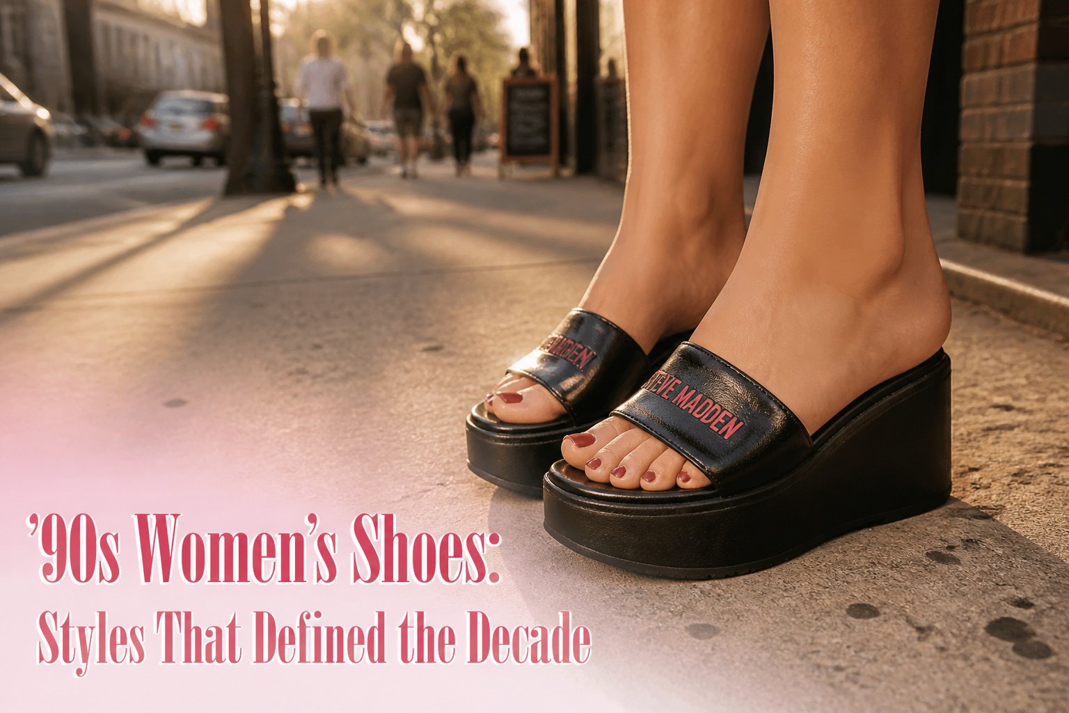 A pair of black platform sandals on a wooden surface with soft lighting.