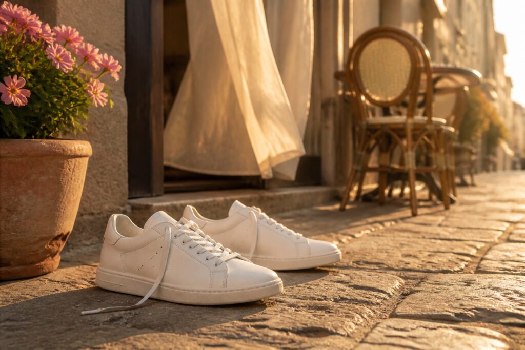A collection of all white sneakers displayed on a neutral background.