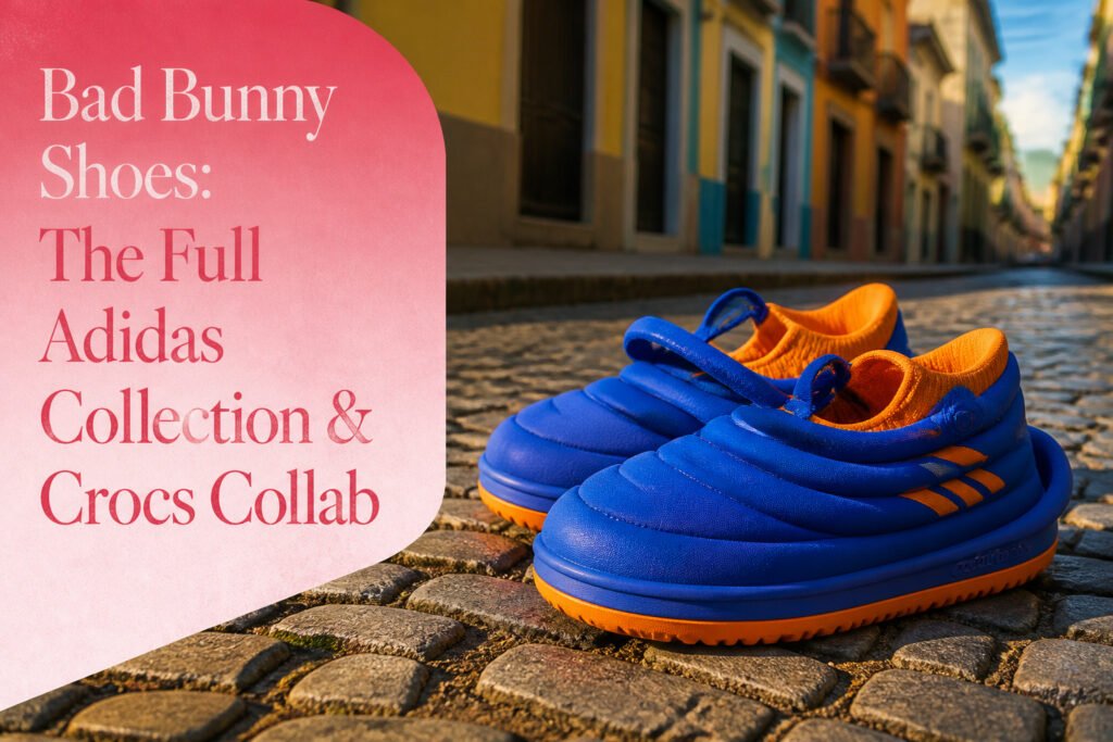 A display of various Bad Bunny shoes arranged artistically.
