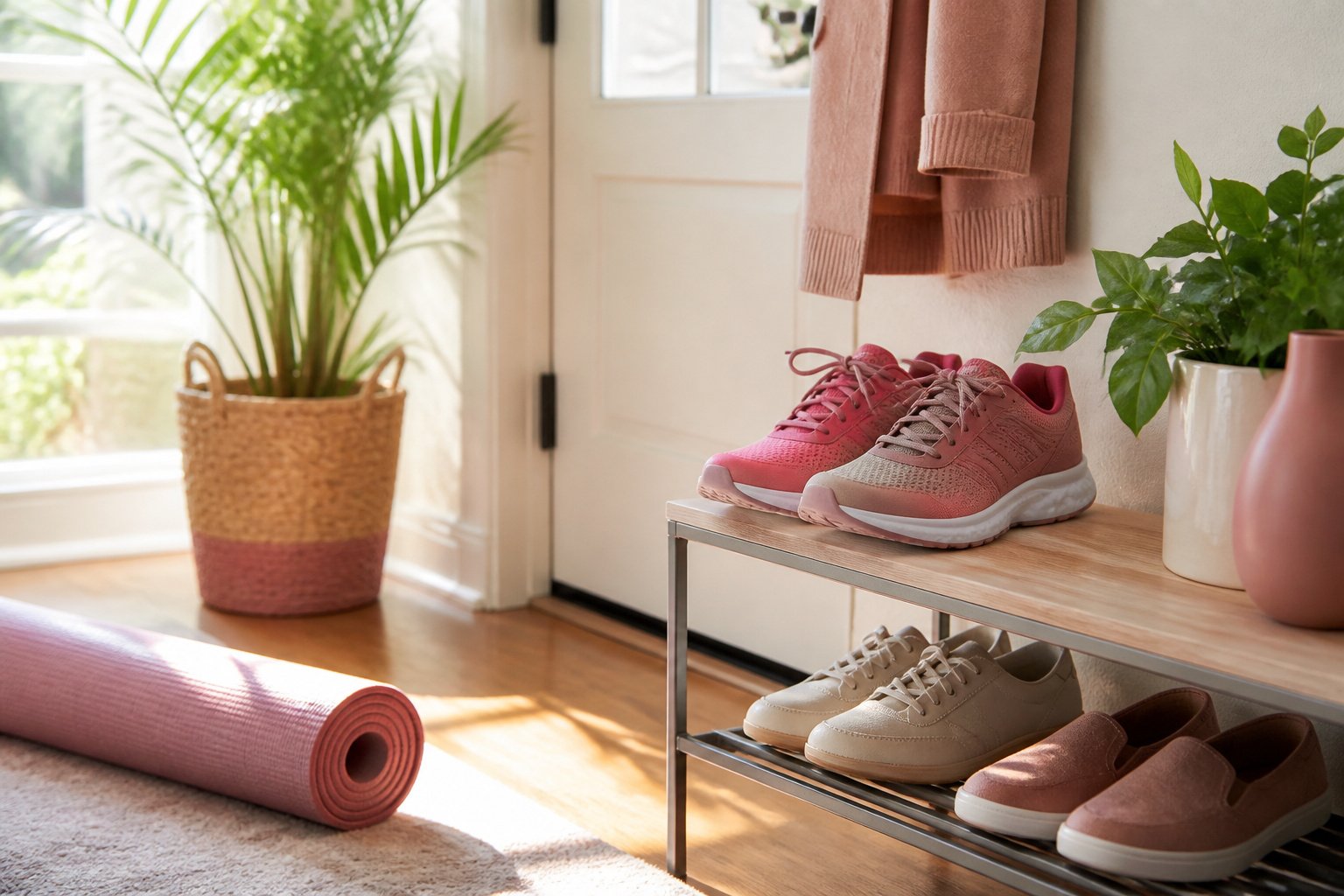 A pair of stylish athletic shoes placed on a welcome mat in a cozy entryway.