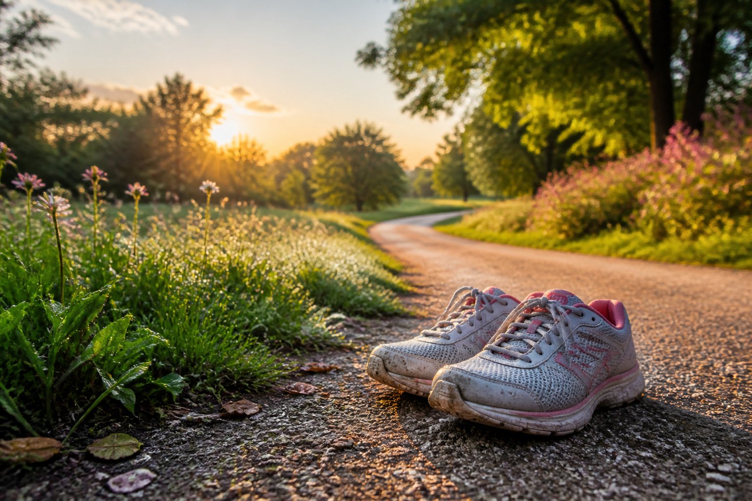 A vibrant outdoor park at sunrise with wide paths and greenery.