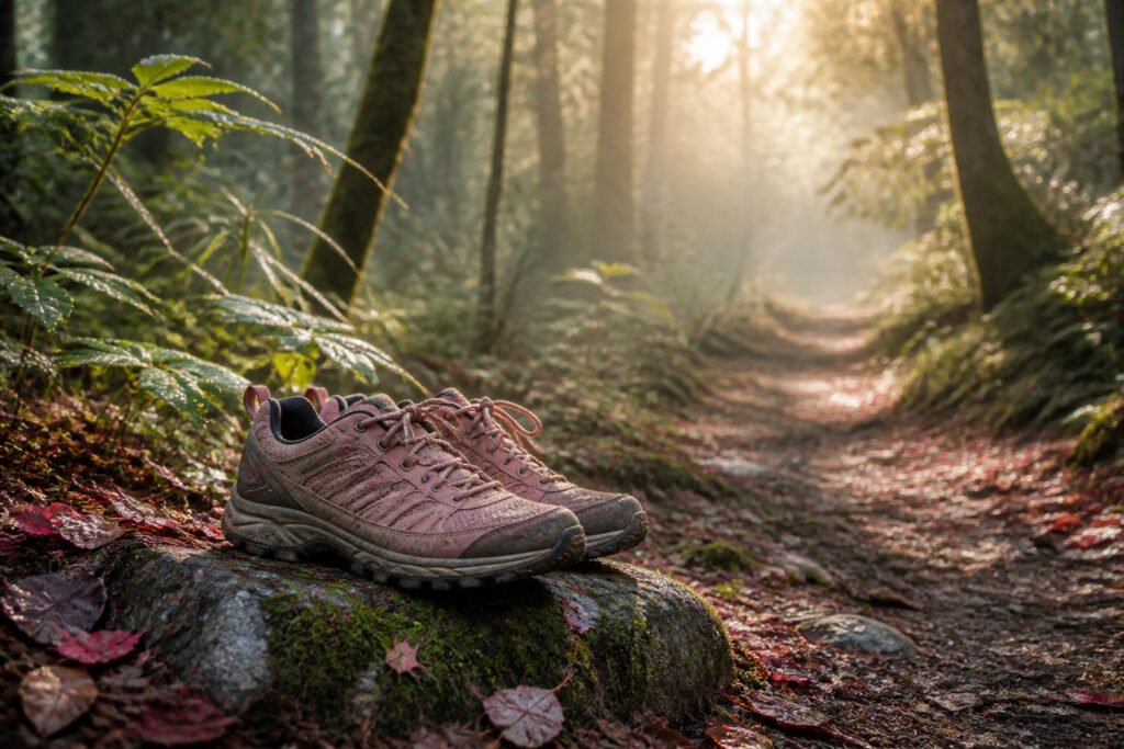 A serene forest trail at dawn with light filtering through trees