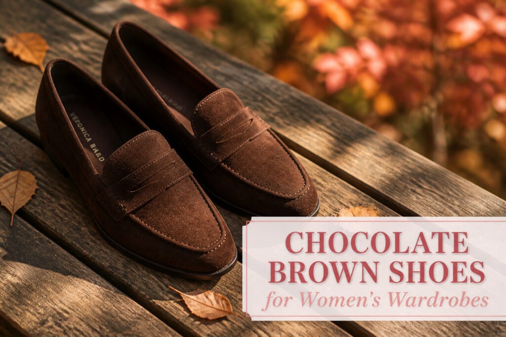 Various styles of chocolate brown shoes for women displayed together.