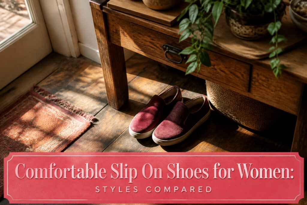 Different styles of women's slip-on shoes arranged on a surface.