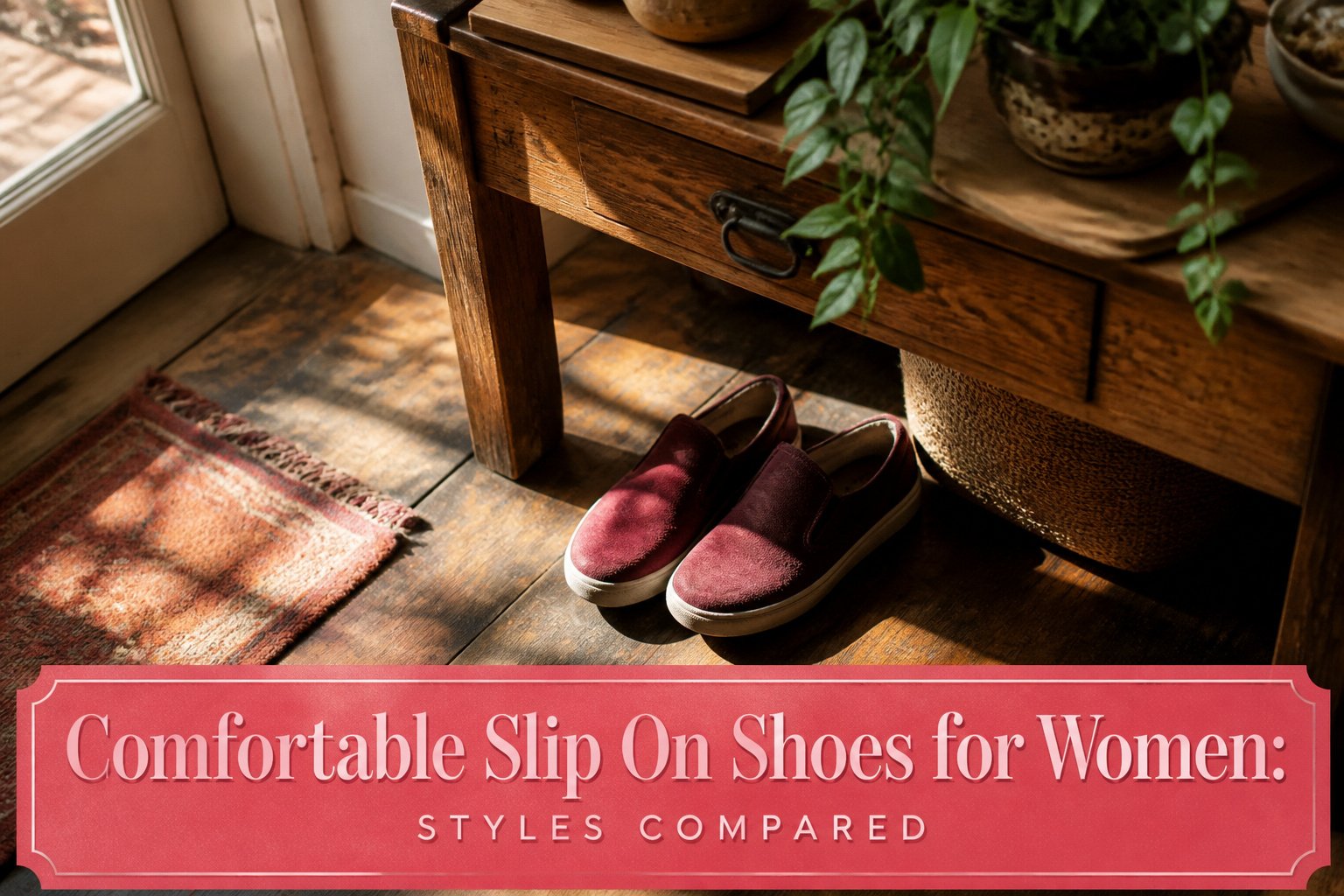 Different styles of women's slip-on shoes arranged on a surface.