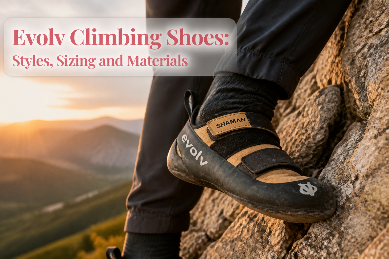 Selection of Evolv climbing shoes on a wooden surface.
