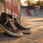 A pair of Last Resort AB shoes on a graffiti-covered bench in a skate park.