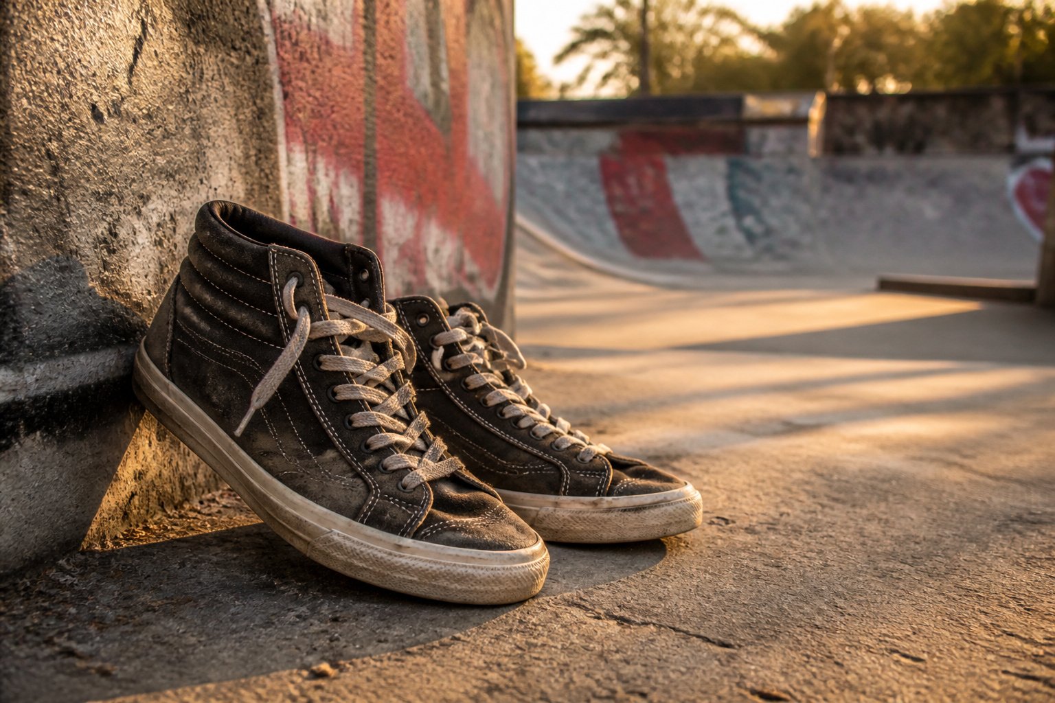A pair of Last Resort AB shoes on a graffiti-covered bench in a skate park.