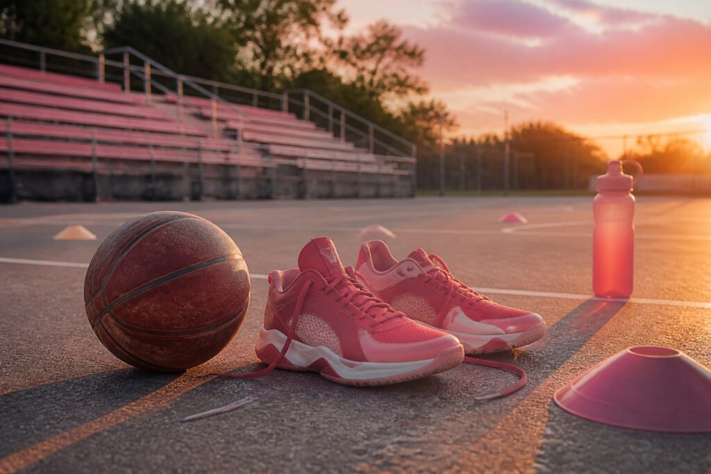 Sunlit outdoor basketball court with long shadows in the evening.