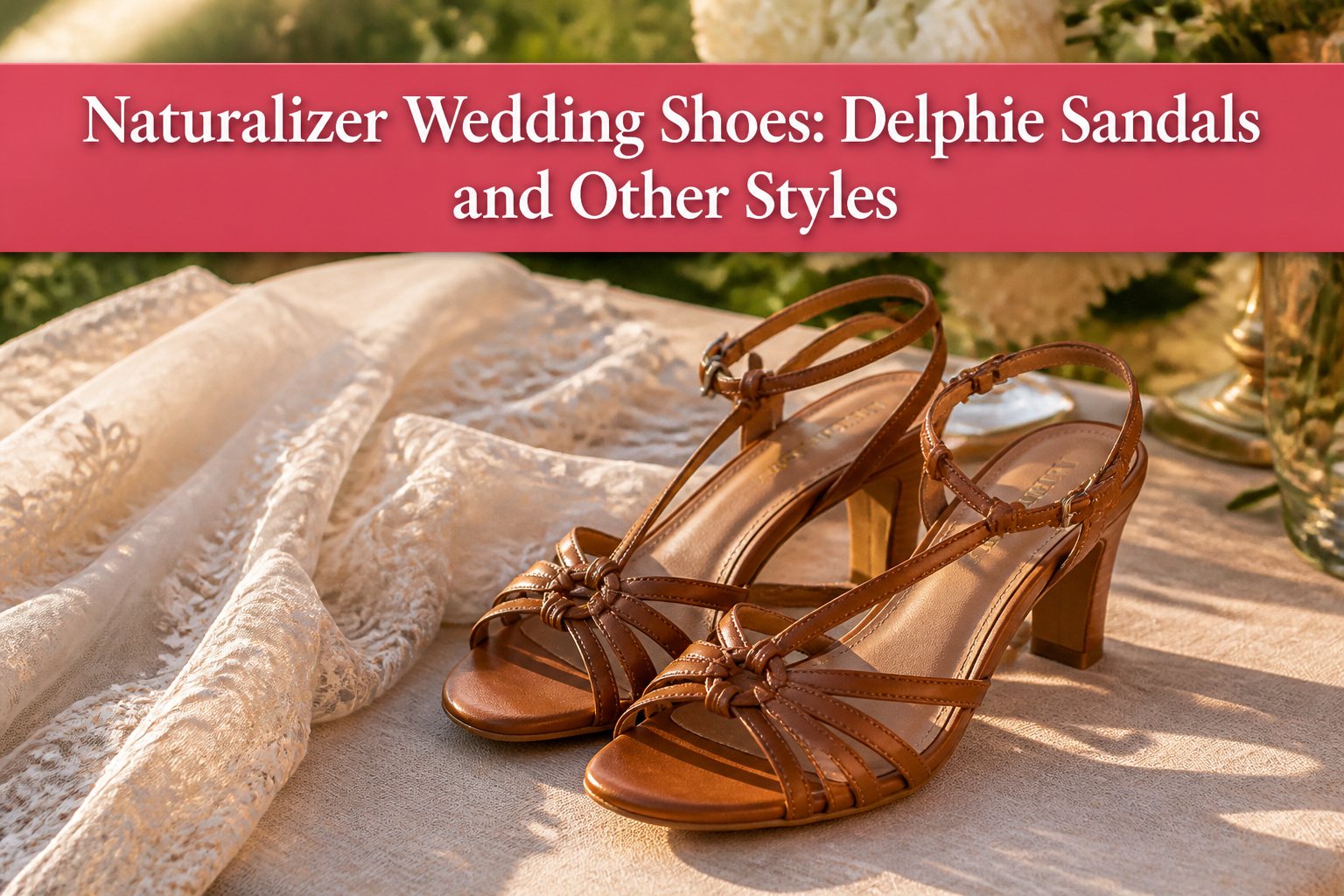 An assortment of Naturalizer wedding shoes displayed with flowers and greenery.