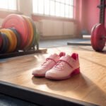 A well-lit gym with a wooden weightlifting platform and equipment in the background.