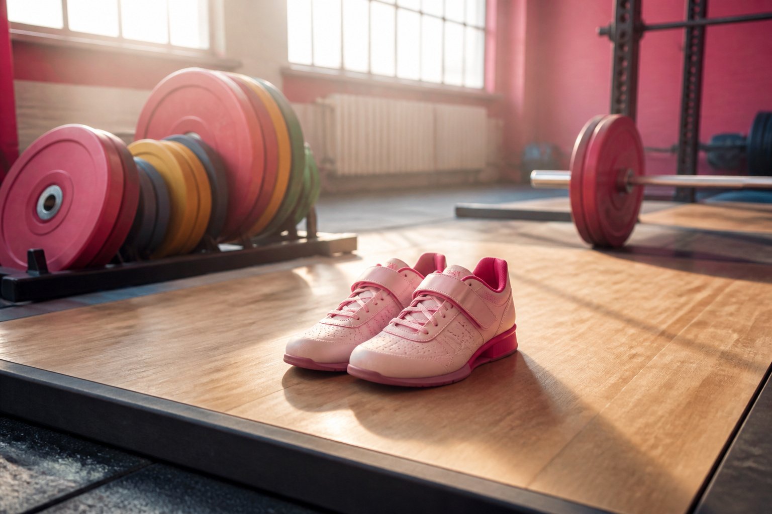 A well-lit gym with a wooden weightlifting platform and equipment in the background.