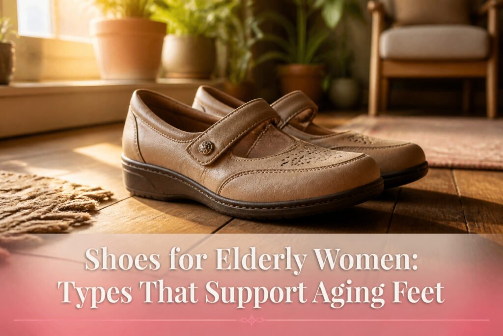 A variety of shoes designed for elderly women, showcasing different styles and support features.