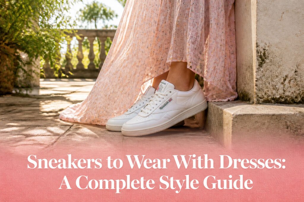 An assortment of sneakers displayed with different dresses for styling ideas.