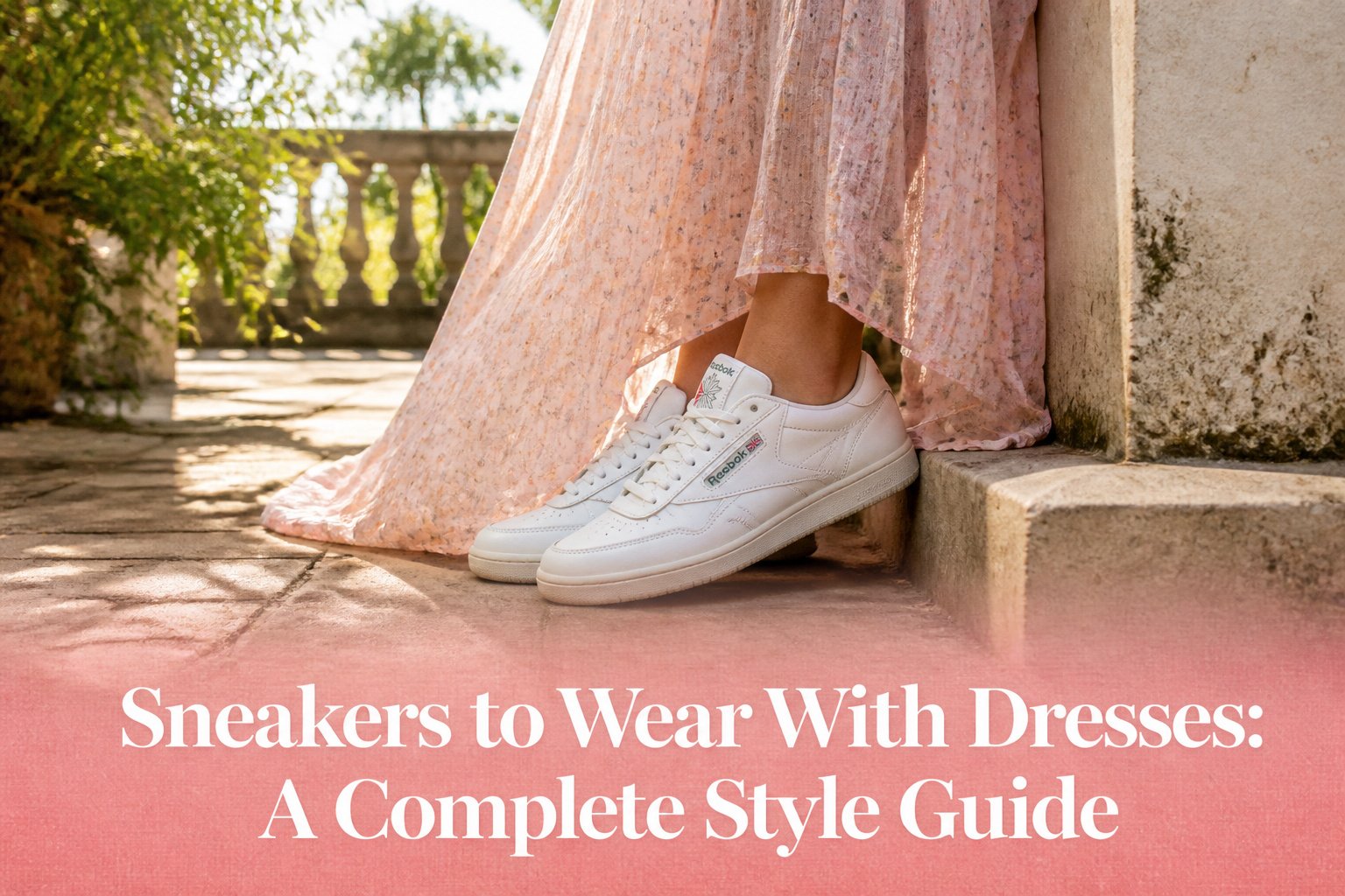 An assortment of sneakers displayed with different dresses for styling ideas.