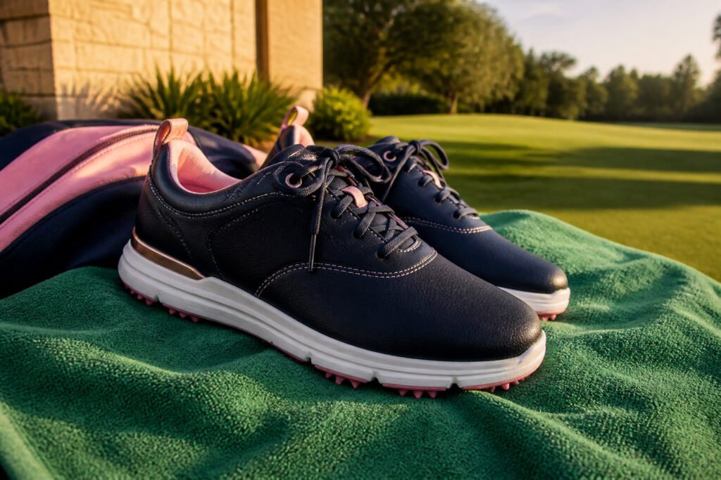 FootJoy enJoy and G/FORE MG4+ shoes on a golf course.