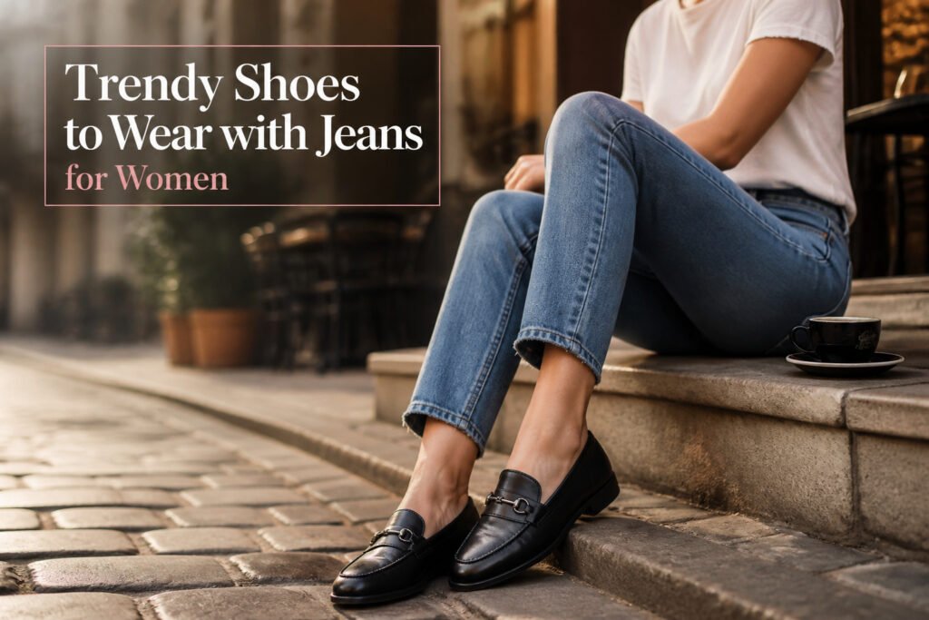 Different trendy shoes displayed with a variety of jeans.