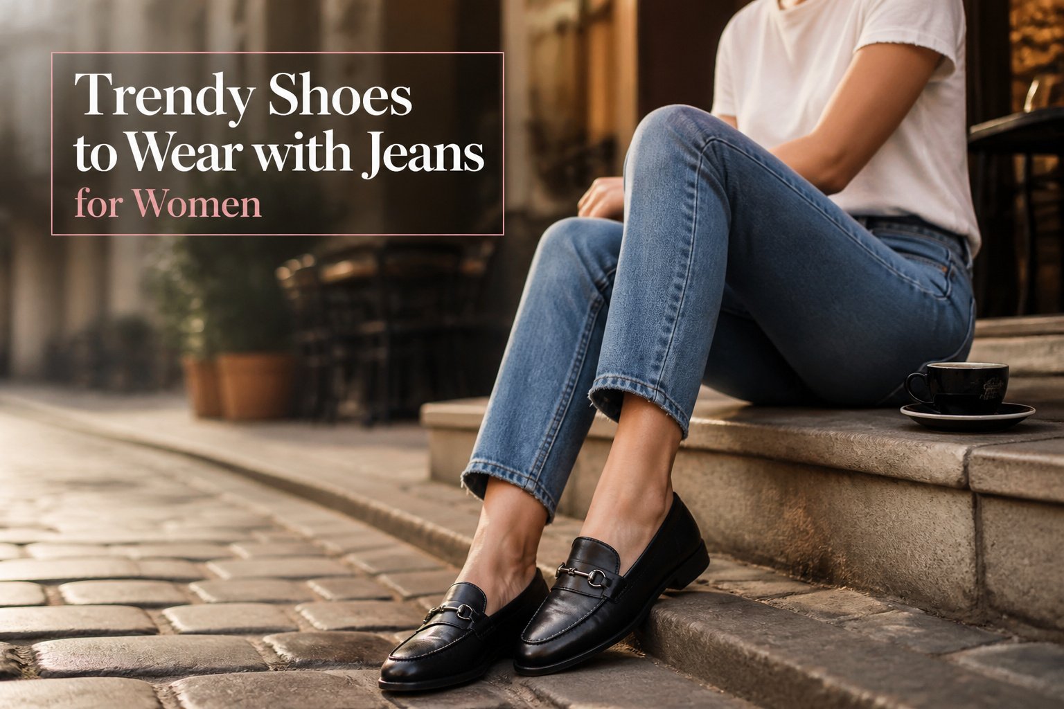 Different trendy shoes displayed with a variety of jeans.