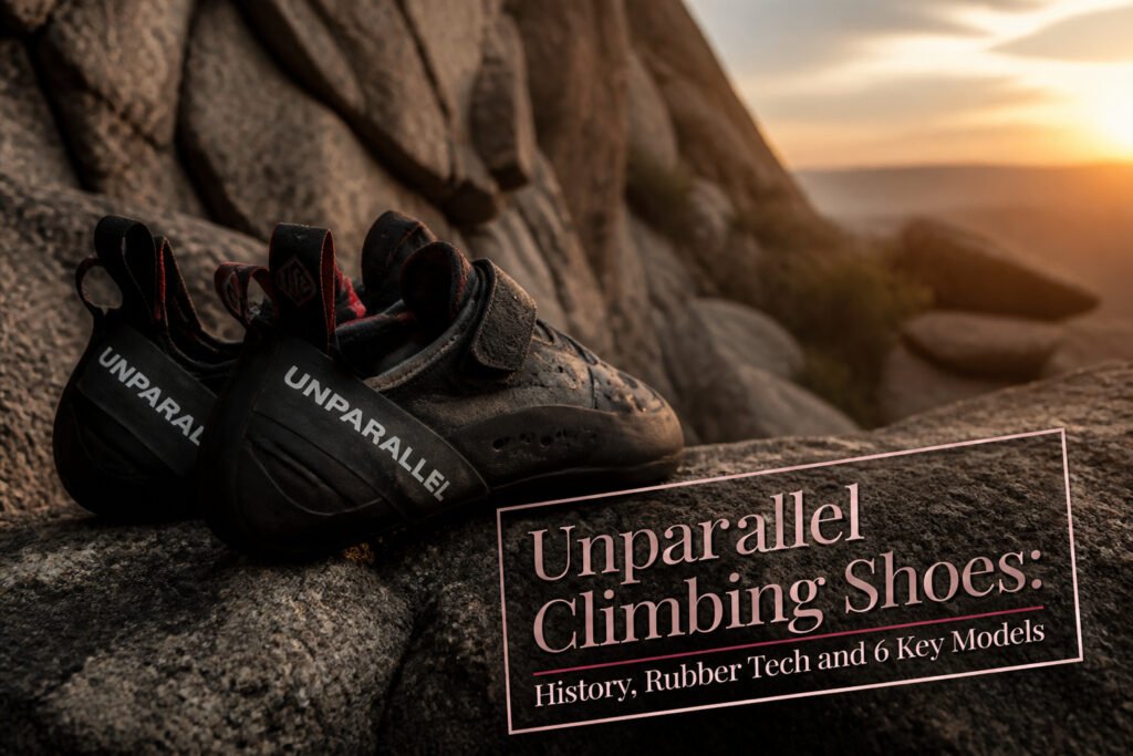 Various Unparallel climbing shoes displayed in a training space.