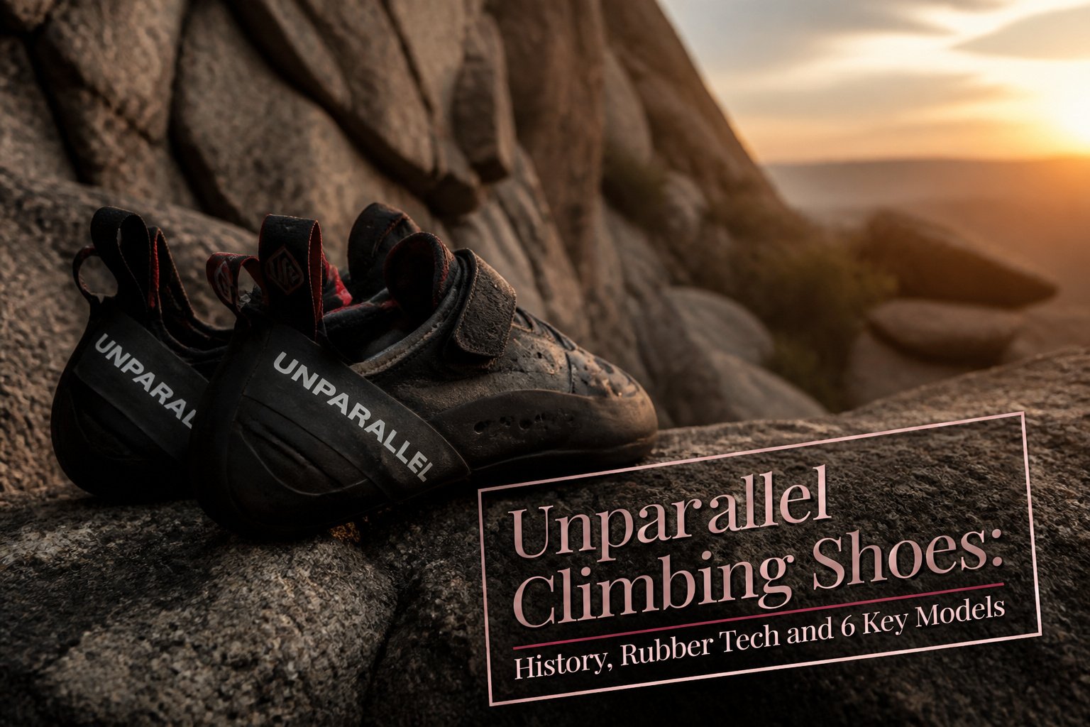 Various Unparallel climbing shoes displayed in a training space.