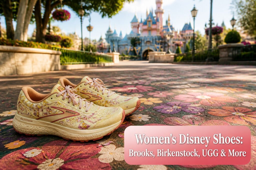 Various women's Disney shoes displayed together on a colorful background.