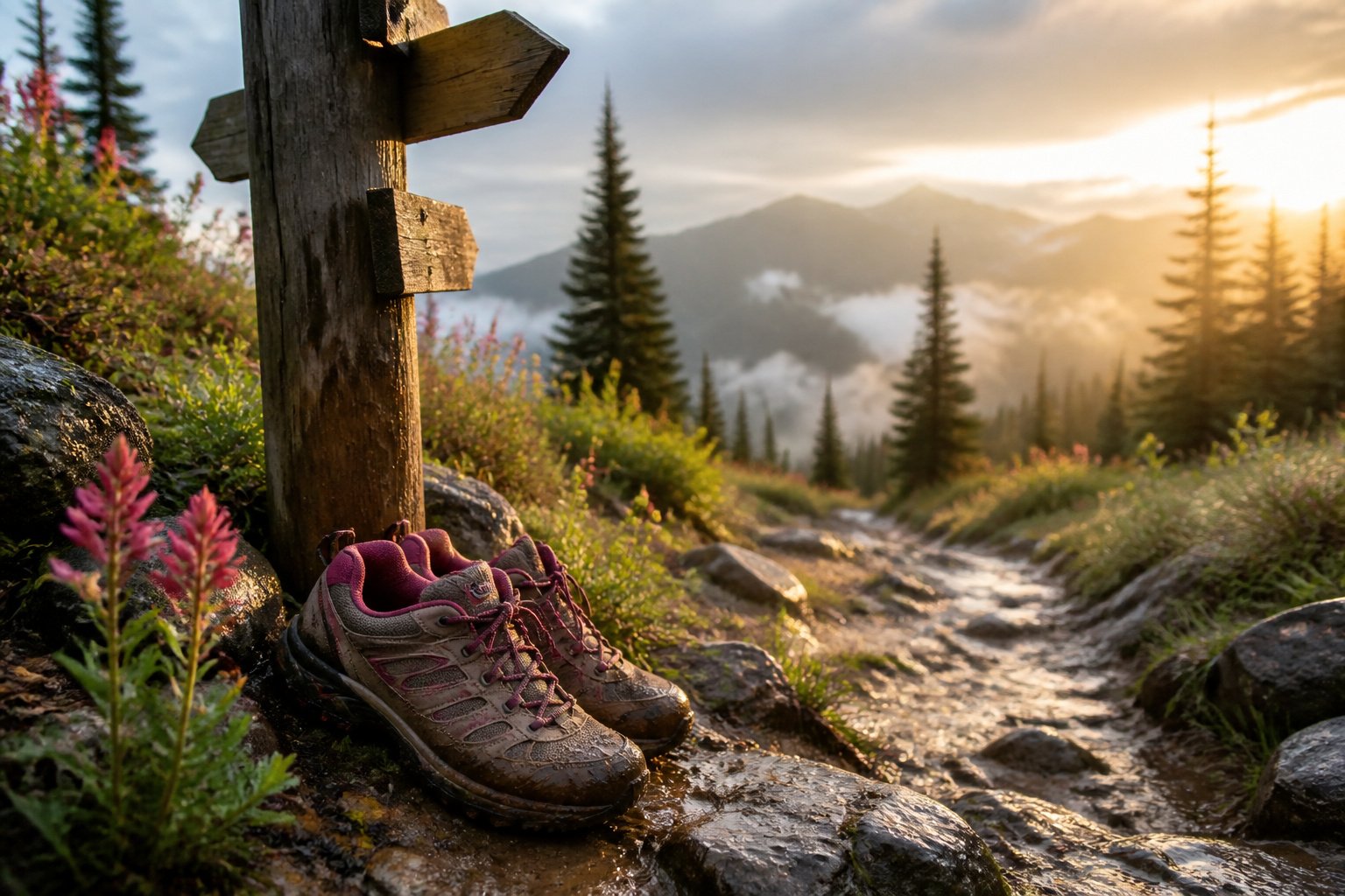 A serene mountain trail at dawn with mist rising from the ground.