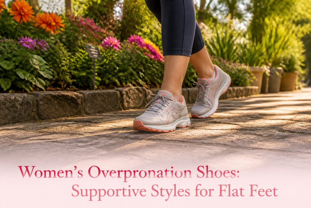 Various women's shoes for overpronation displayed on a surface.