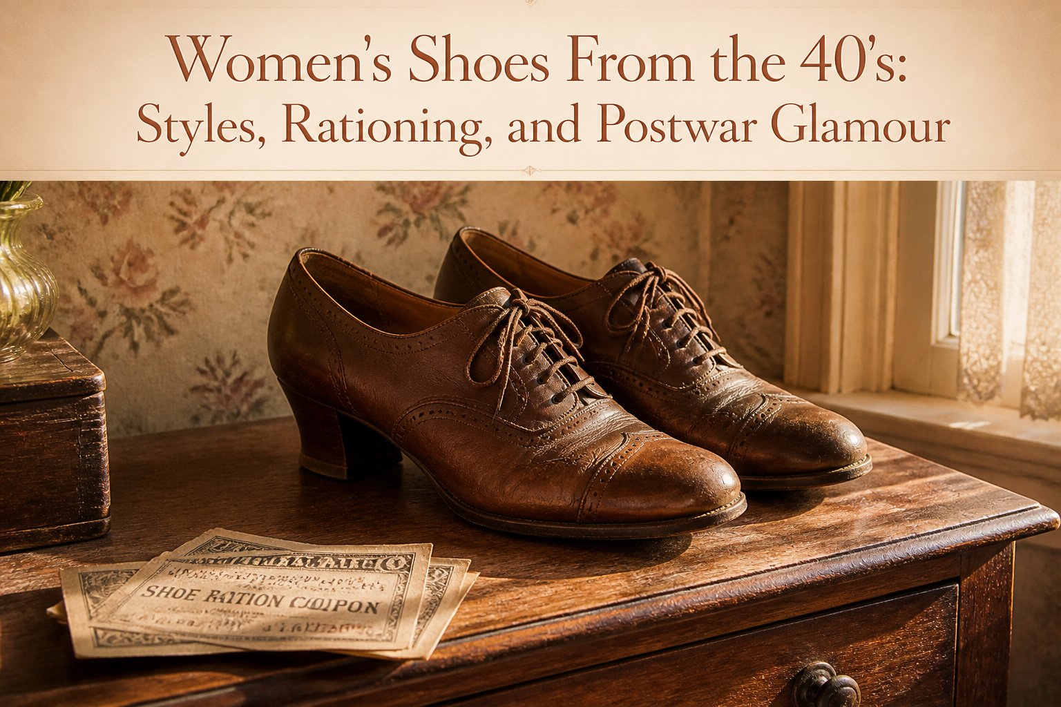 Various styles of women's shoes from the 1940s displayed together.